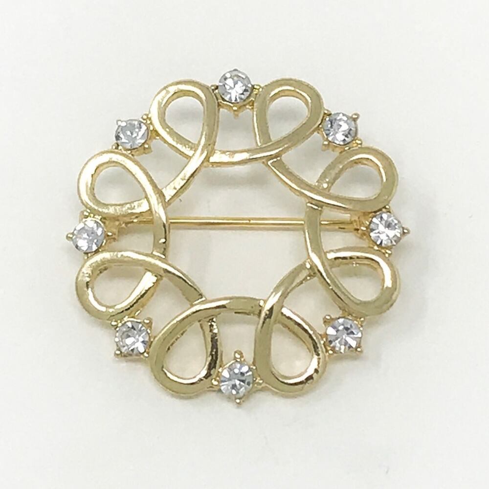 Monet Mandala Flower Gold Tone & Rhinestone Brooch Pin